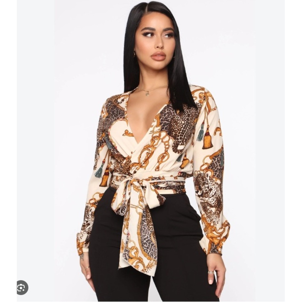 Fashion Nova Telling White Lies Top Leopard Chain Scarf Print Tie Front Medium